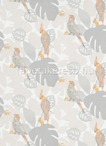 Erismann Finesse habos, vlies anyagú beige, szürke, narancssárga színű madaras, leveles retro tapéta