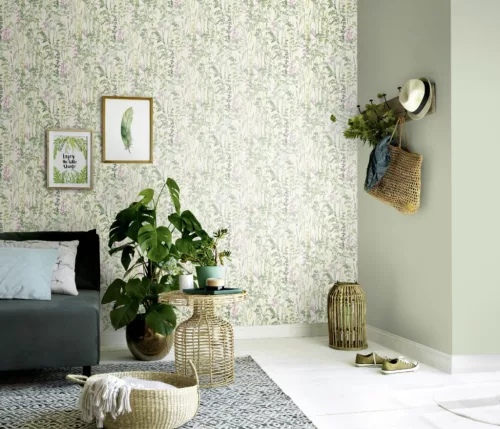 Erismann Casual Chic vlies, vinyl anyagú fehér, zöld, lila színű növényes, leveles modern tapéta