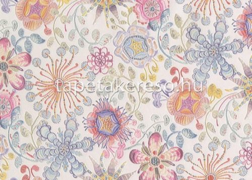 Jannelli & Volpi Missioni Home Wallcoverings 04 vlies, vinyl anyagú törtfehér, kék, rózsaszín, lila, zöld, sárga színű virágos, etno modern tapéta