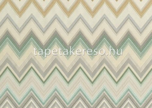 Jannelli & Volpi Missioni Home Wallcoverings 04 vlies, vinyl anyagú törtfehér, barna, zöld, türkiz, szürke színű chevron, textilhatású, zig-zag modern tapéta