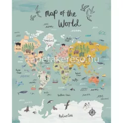   Caselio Autour du Monde vlies anyagú türkiz, sárga, zöld, szürke, barna, kék színű feliratos, állatos, térkép gyerek poszter