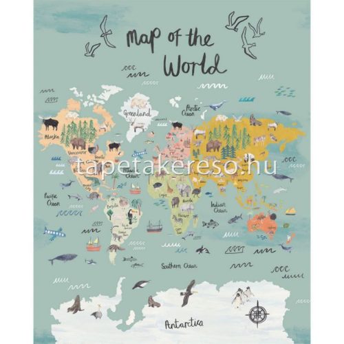 Caselio Autour du Monde vlies anyagú türkiz, sárga, zöld, szürke, barna, kék színű feliratos, állatos, térkép gyerek poszter