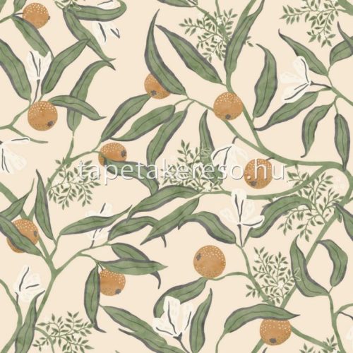 Caselio Danaé vinyl, vlies anyagú beige, zöld, barna színű gyümölcsös, leveles modern tapéta