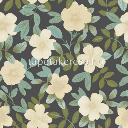 Caselio Danaé vinyl, vlies anyagú fekete, zöld, beige, türkiz színű virágos, leveles modern tapéta