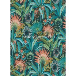   Erismann Martinique vlies, vinyl anyagú kék, zöld, narancssárga színű növényes, leveles, textilhatású modern, natural tapéta