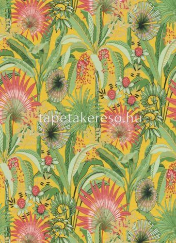 Erismann Martinique vlies, vinyl anyagú zöld, fekete, piros, rózsaszín, sárga színű növényes, leveles, textilhatású modern, natural tapéta
