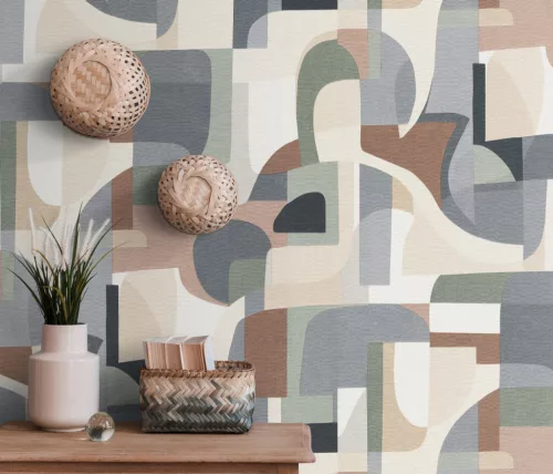 Erismann Gentle vlies, vinyl anyagú beige, szürke, barna, zöld színű geometriai Modern tapéta