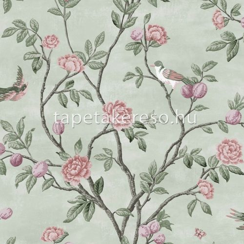 Graham & Brown Laura Ashley vol.1 vlies anyagú türkiz, zöld, rózsaszín, szürke színű madaras, virágos romantikus tapéta