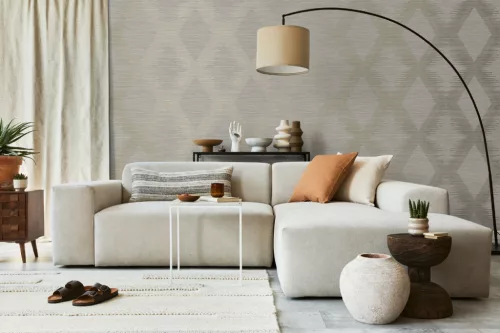 VaVex Vavex 2025 habos, vlies anyagú szürke, beige, arany színű geometriai modern tapéta