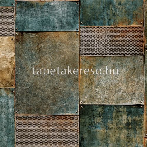 Adawall Octagon vlies, vinyl anyagú kék, rozsdabarna, sárga, fehér színű fémlemez, geometriai modern tapéta