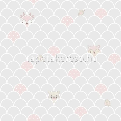 Parato Mondo Baby vlies anyagú beige, rózsaszín, fehér, szürke színű pikkelyes, állatos, szivecskés gyerek tapéta