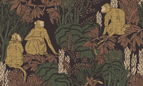 Arte Curiosa vlies, vinyl anyagú fekete, zöld, arany, barna színű állatos, növényes, szövethatású modern tapéta