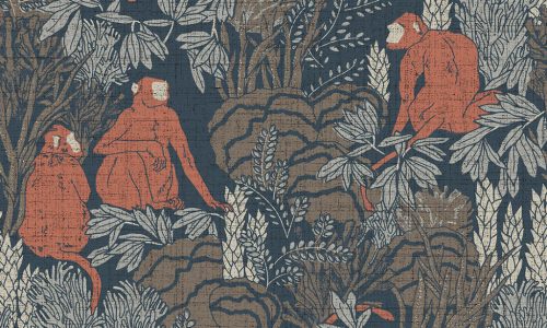Arte Curiosa vlies, vinyl anyagú kék, barna, terrakotta, gyöngyház színű állatos, növényes, szövethatású modern tapéta