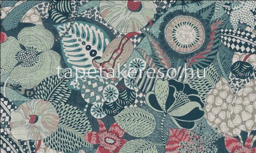 Arte Curiosa vlies, vinyl anyagú kék, türkiz, rózsaszín, bordó, szürke színű leveles, madaras, szövethatású modern tapéta