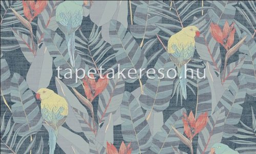 Arte Curiosa vlies, vinyl anyagú kék, türkiz, barack, piros színű leveles, madaras, szövethatású modern tapéta