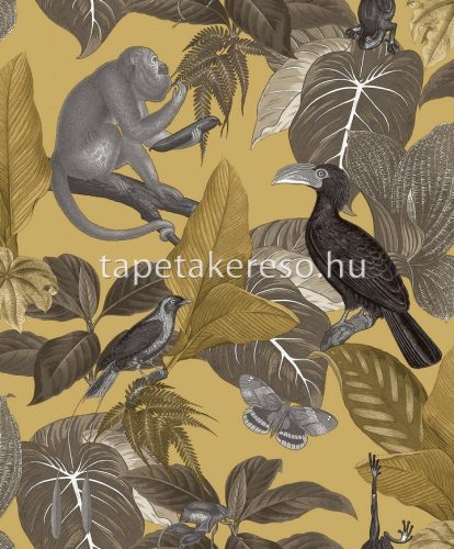 Parato Flora vlies anyagú mustársárga, fekete, szürke, arany színű állatos, leveles, madaras romantikus tapéta