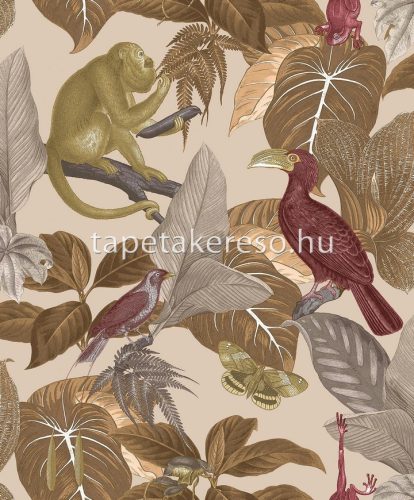 Parato Flora vlies anyagú beige, arany, szürke, bordó színű állatos, leveles, madaras romantikus tapéta