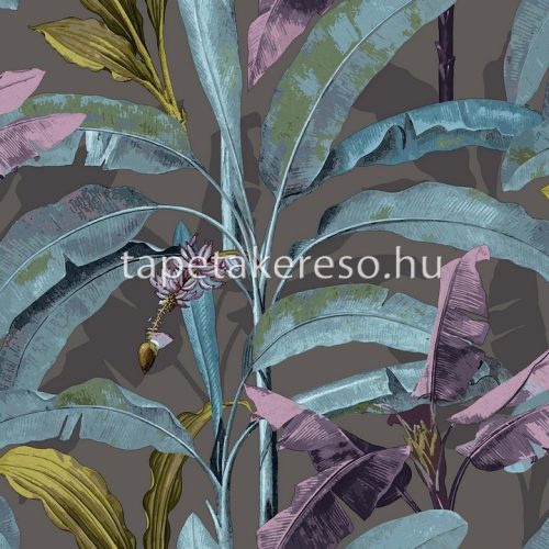 Parato Flora vlies anyagú szürke, türkiz, mályva, zöld színű leveles romantikus tapéta