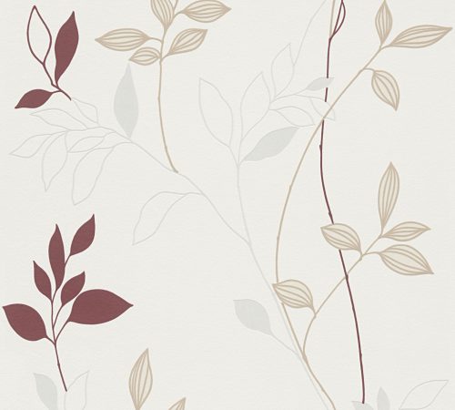 AS Creation Casual Living vlies, habos anyagú fehér, barna, bordó színű leveles modern tapéta