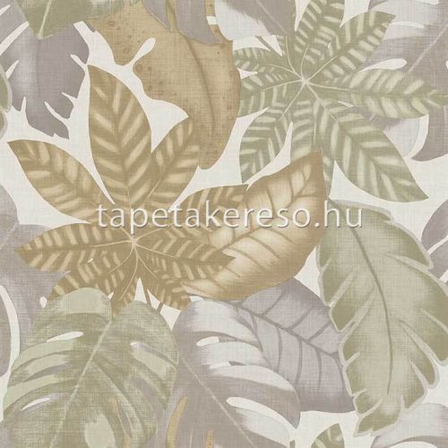 Cristiana Masi Thai vlies, vinyl anyagú barna, zöld, törtfehér, szürke, arany színű leveles, textilhatású modern, natural tapéta