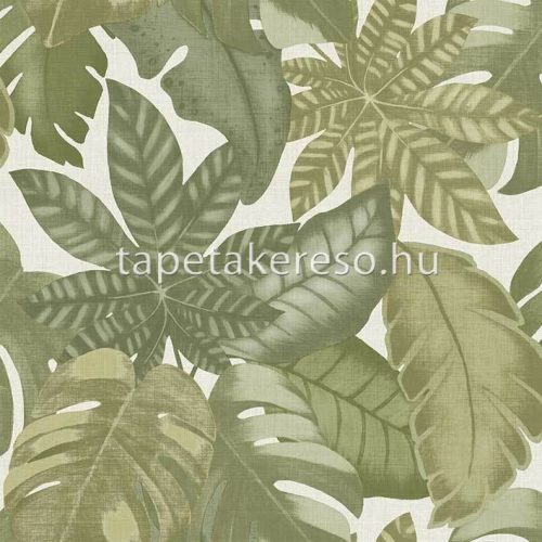 Cristiana Masi Thai vlies, vinyl anyagú zöld, törtfehér színű leveles, textilhatású modern, natural tapéta