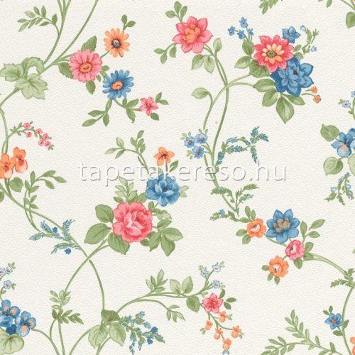 Rasch textil Petite Fleur 5 vlies anyagú fehér, zöld, kék, rózsaszín, narancssárga színű indamintás, virágos romantikus tapéta