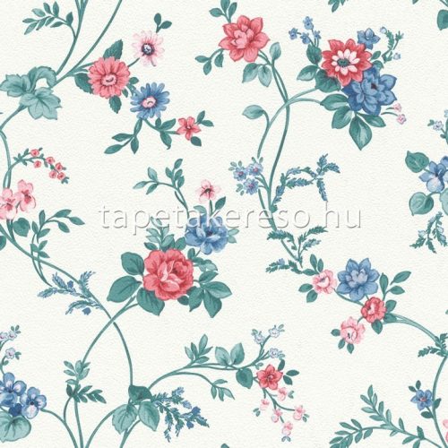 Rasch textil Petite Fleur 5 vlies anyagú fehér, kék, bordó színű indamintás, virágos romantikus tapéta