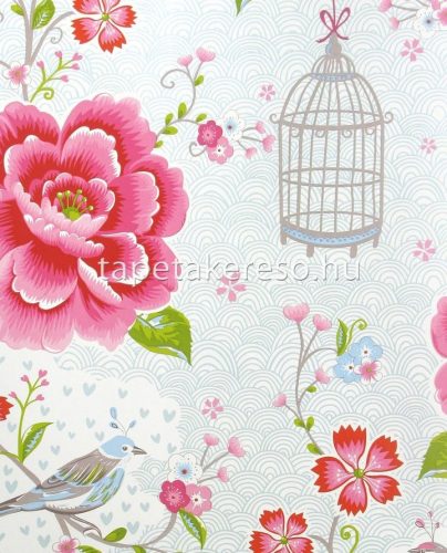 Eijffinger Pip Studio 5 vlies anyagú fehér, pink, zöld, barna, kék színű kalitkás, madaras, virágos romantikus tapéta