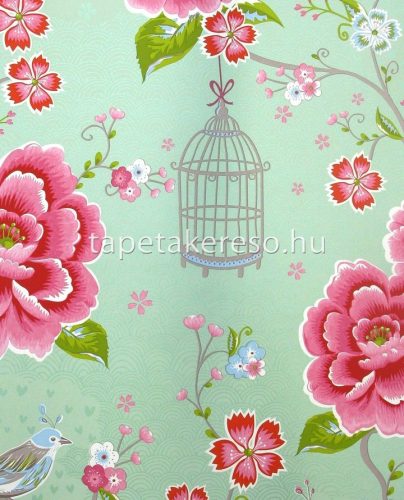 Eijffinger Pip Studio 5 vlies anyagú zöld, pink, kék, fehér színű kalitkás, madaras, virágos romantikus tapéta