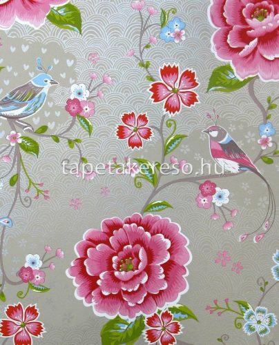 Eijffinger Pip Studio 5 vlies anyagú beige, fehér, pink, zöld színű kalitkás, madaras, virágos romantikus tapéta