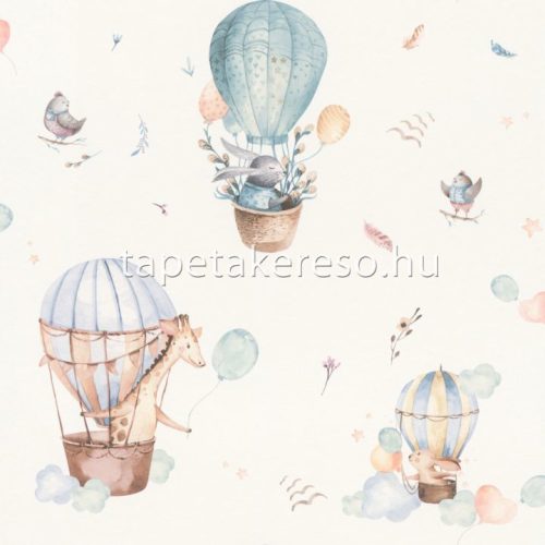 Rasch Kid's World vlies anyagú fehér, kék, barna színű légballonos, állatos gyerek tapéta