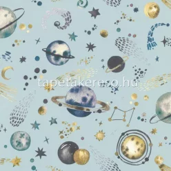   Rasch Kid's World vlies anyagú kék, barna, fekete színű csillagos, bolygós gyerek tapéta