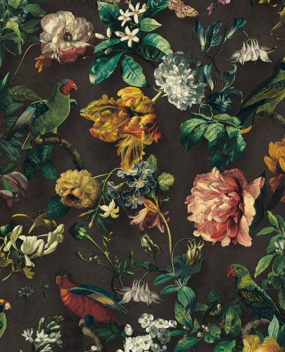 Eijffinger Museum vlies, vinyl anyagú fekete, zöld, sárga, fehér, kék, lila, narancssárga színű madaras, virágos romantikus tapéta