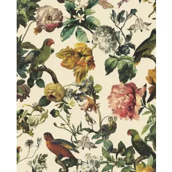   Eijffinger Museum vlies, vinyl anyagú beige, zöld, sárga, rózsaszín, terrakotta, fehér színű madaras, virágos romantikus tapéta
