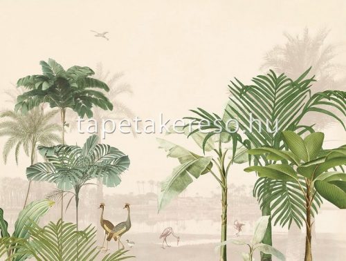 Eijffinger Oasis vlies anyagú beige, zöld színű fás, madaras modern poszter