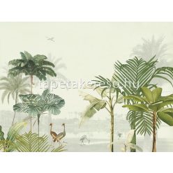   Eijffinger Oasis vlies anyagú zöld, barna, törtfehér, szürke színű fás, madaras modern poszter