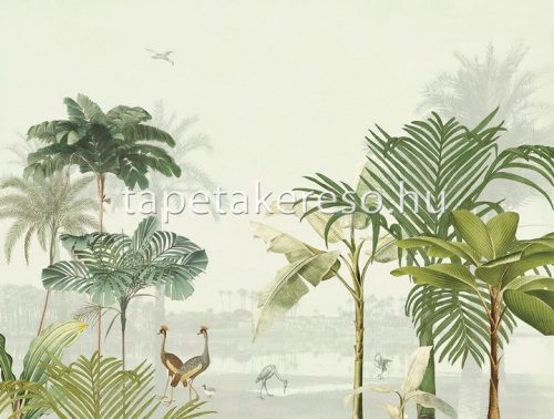 Eijffinger Oasis vlies anyagú zöld, barna, törtfehér, szürke színű fás, madaras modern poszter