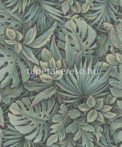Marburg Botanica vlies, vinyl anyagú fekete, zöld, sárga színű 3d, leveles modern, natural tapéta