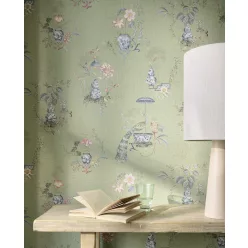   Eijffinger PipStudio 6 vinyl, vlies anyagú zöld, kék, mályva, sárga színű kínai motívumos, madaras, virágos romantikus tapéta