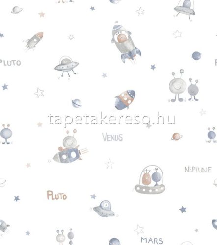 ICH Oh LaLa papír anyagú fehér, kék, szürke, barna színű űrhajós, feliratos gyerek tapéta