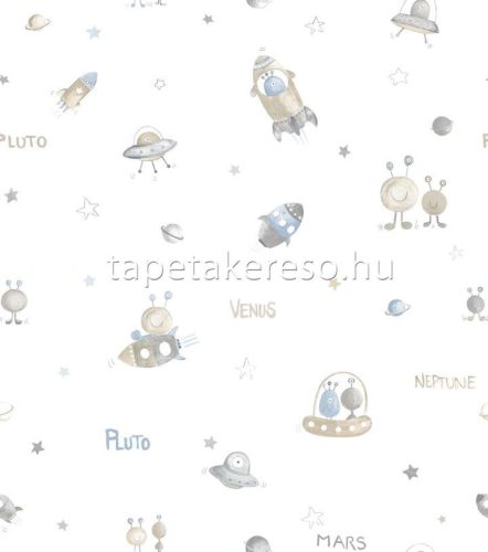 ICH Oh LaLa papír anyagú fehér, kék, barna, szürke színű űrhajós, feliratos gyerek tapéta