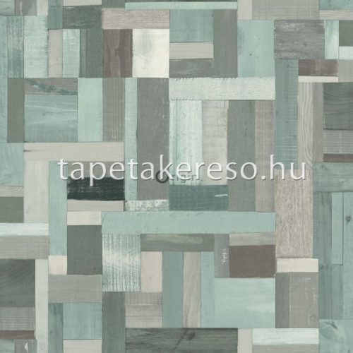 Origin Matières - Wood vlies anyagú szürke, türkiz színű kockás, famintás modern tapéta