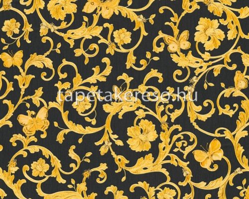 AS Creation Versace 3 vlies, vinyl anyagú fekete, arany, csillámos színű pillangós, indamintás modern tapéta