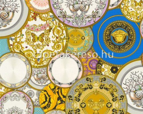 AS Creation Versace 3 vlies, vinyl anyagú fehér, arany, rózsaszín, lila, kék, fekete, csillámos színű körös modern tapéta