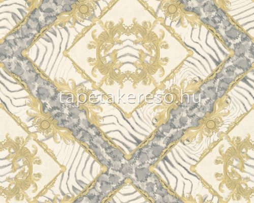 AS Creation Versace 3 vlies, vinyl anyagú fehér, szürke, arany színű kockás modern tapéta