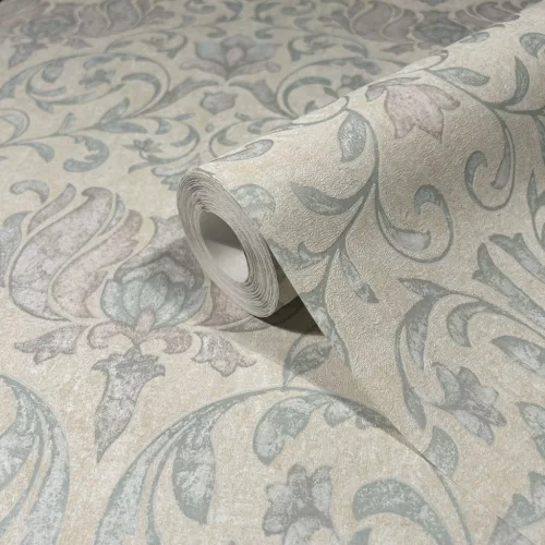 Marburg City Romance vlies, vinyl anyagú beige, zöld, mályva színű indamintás, virágos Klasszikus tapéta