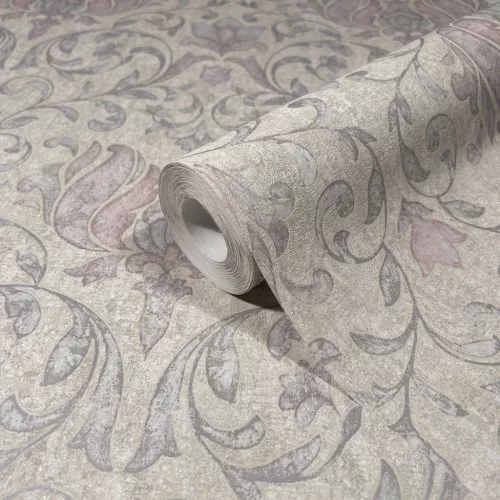 Marburg City Romance vlies, vinyl anyagú beige, szürke, mályva színű indamintás, virágos Klasszikus tapéta