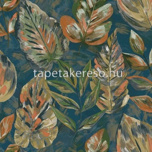 Holden Patagonia vlies, vinyl anyagú kék, zöld, narancssárga, mustársárga színű leveles modern, natural tapéta