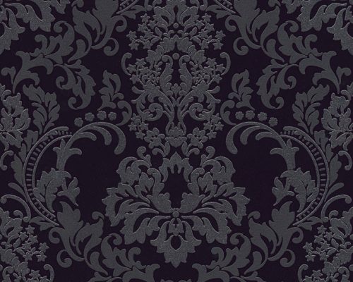AS Creation Black is Beautiful vlies, habos anyagú fekete, csillámos, ezüst színű barokk modern tapéta