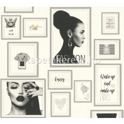   AS Creation Metropolitan Storys vinyl, vlies anyagú fehér, arany, ezüst, fekete színű feliratos, képkeret modern tapéta